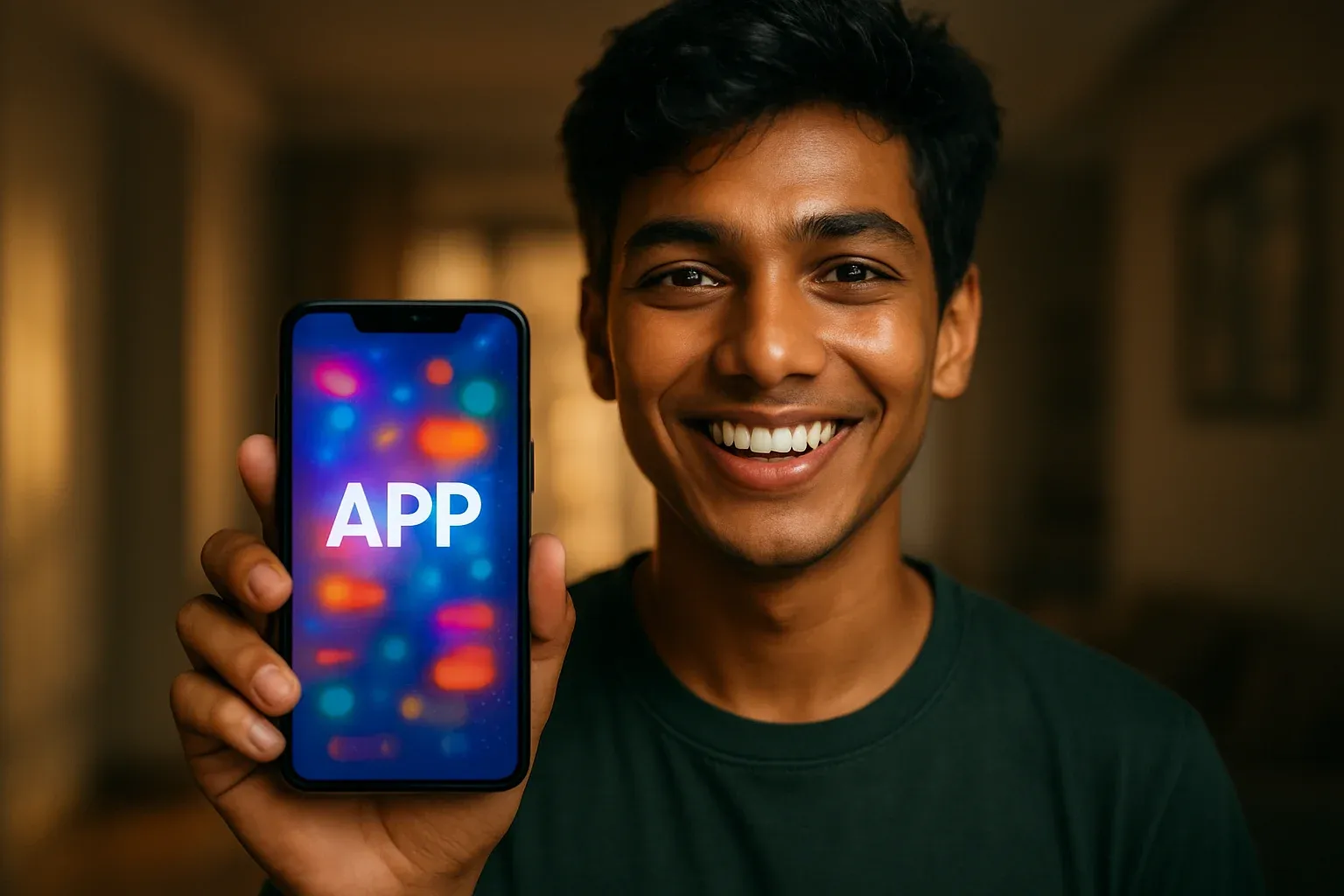 Smiling young Bangladeshi man holding smartphone with colorful gaming app screen