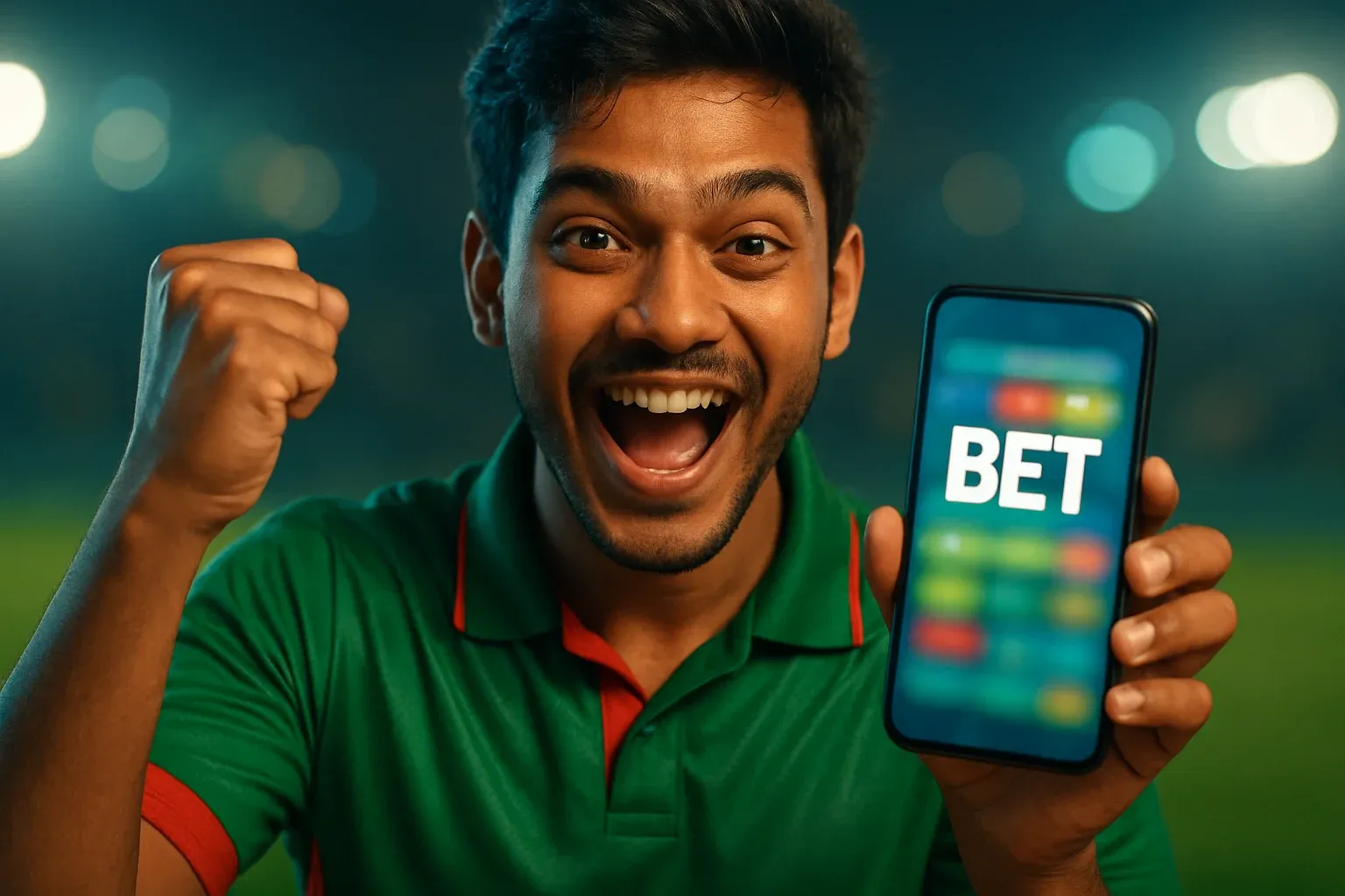 Excited Bangladeshi man holding smartphone with sports betting screen and BET text