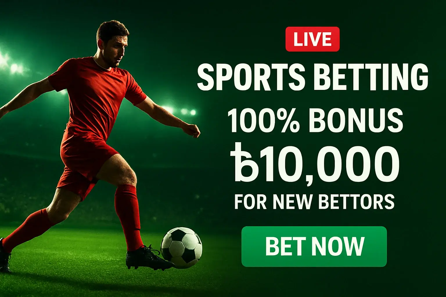 Sports betting banner with footballer, stadium, bonus offer, and bet now button