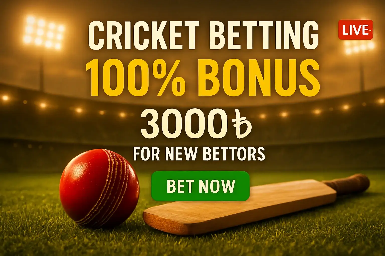 Cricket betting banner with bat, ball, stadium, bonus, and CTA