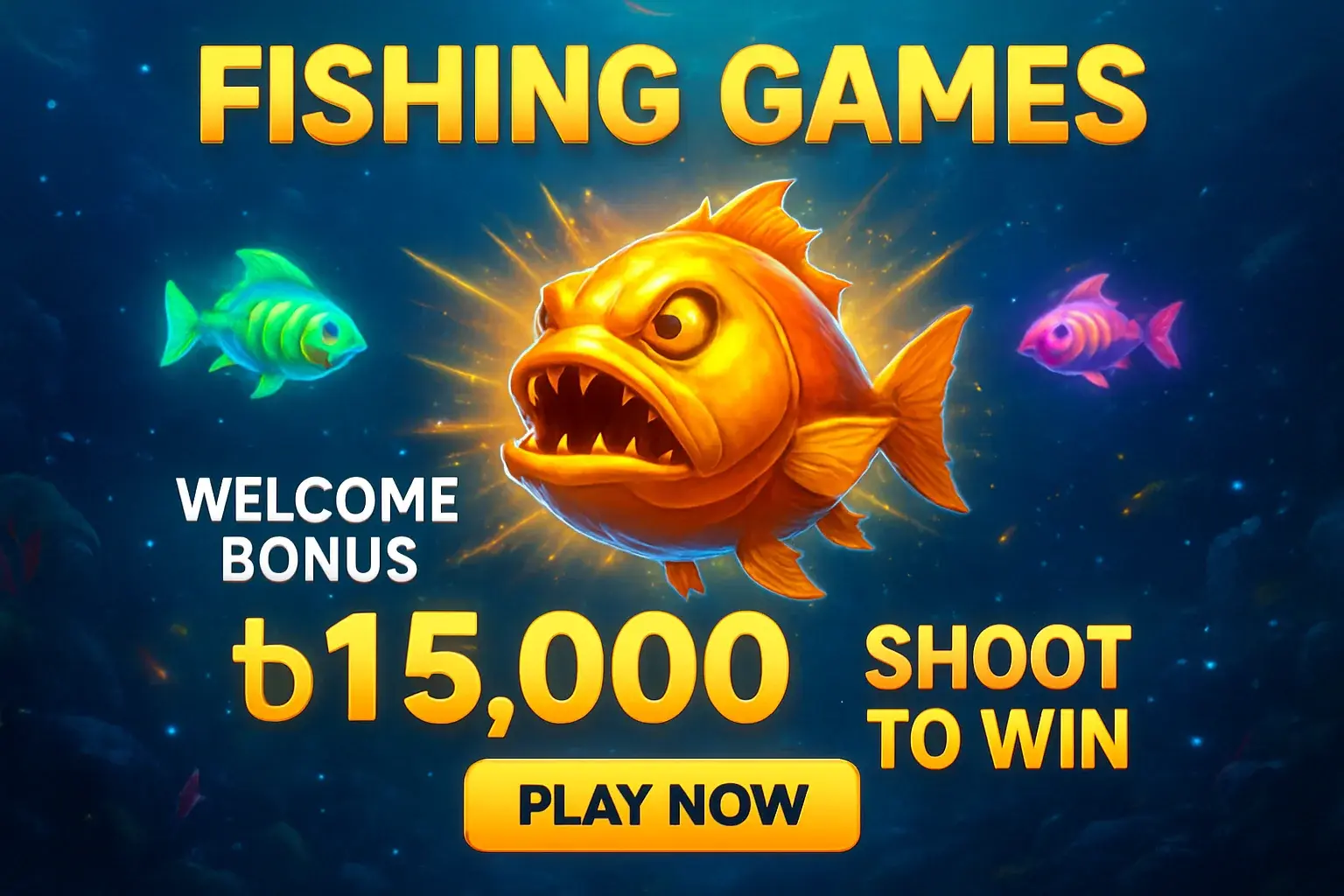 Fishing arcade banner with golden boss fish, bonus offer, and play button