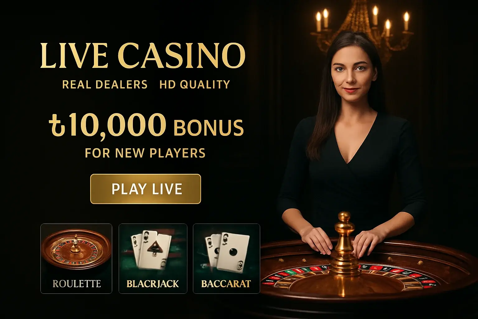 Live casino banner with female dealer, roulette table, and Bangladesh bonus offer