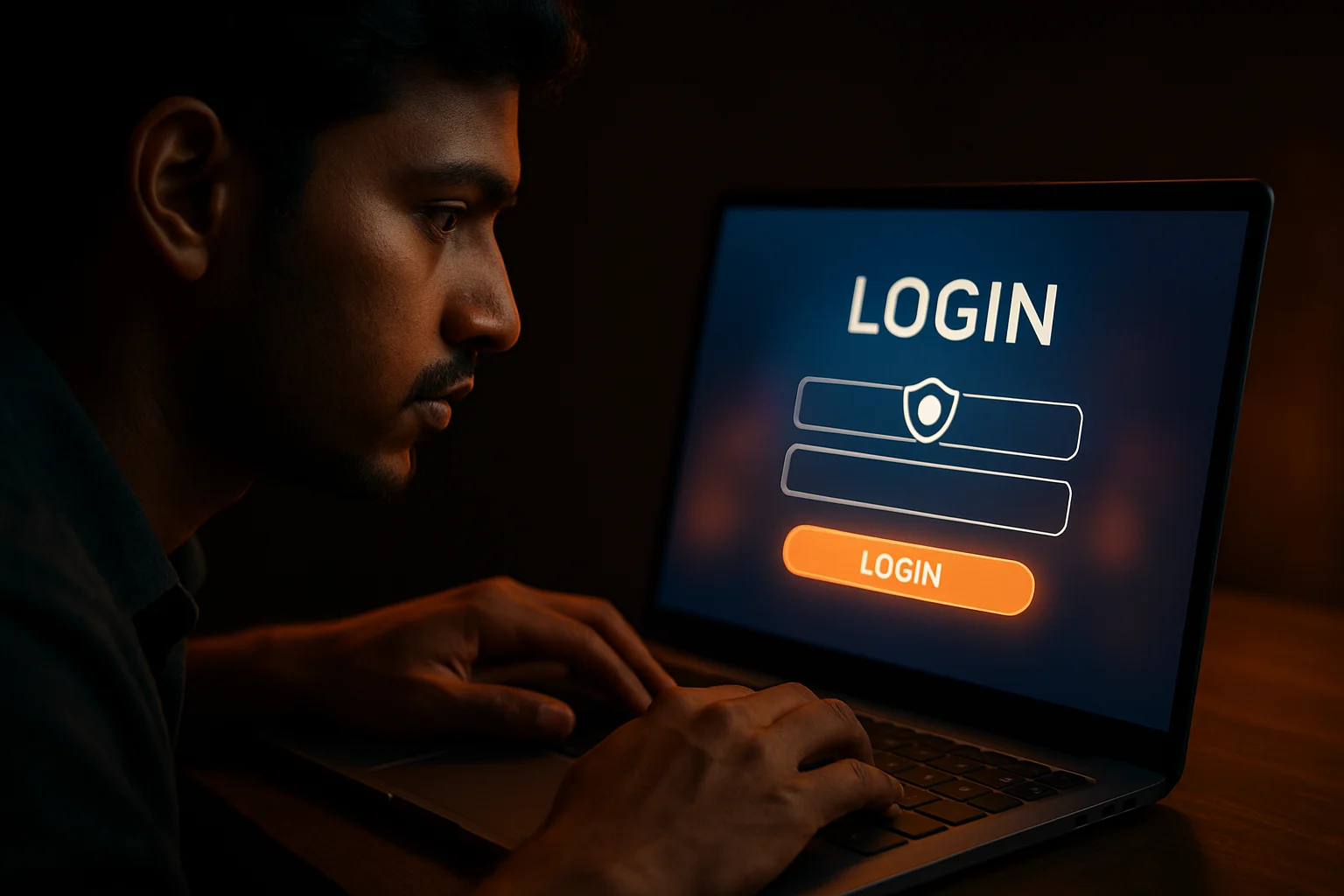 Young Bangladeshi man's hands on laptop showing LOGIN screen form