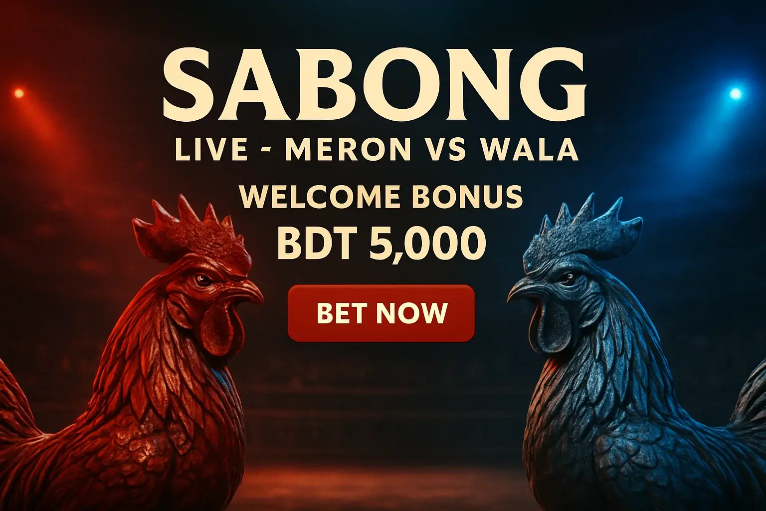 Live sabong banner with decorative rooster figurines and bonus offer