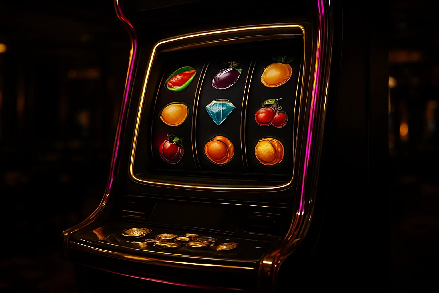 Premium slot machine with glowing reels in a dark luxury casino